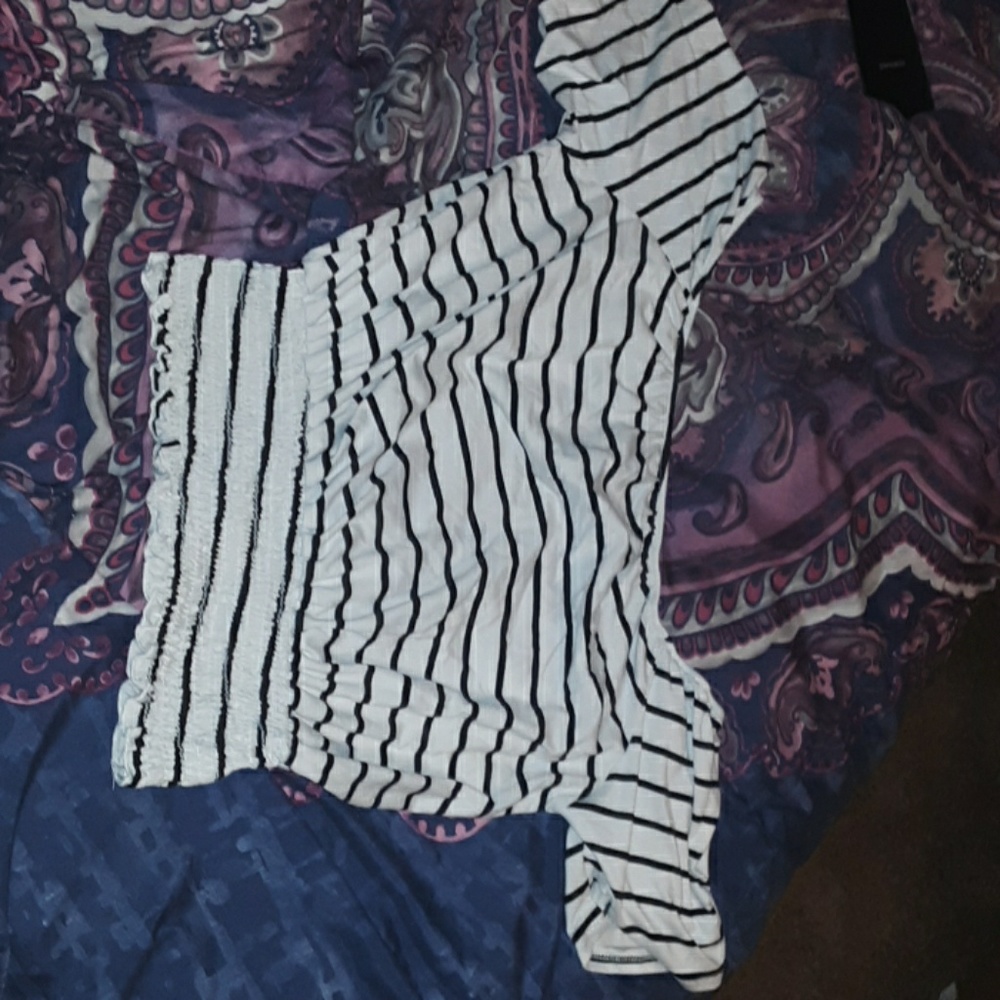 Off the shoulder white and black striped shirt